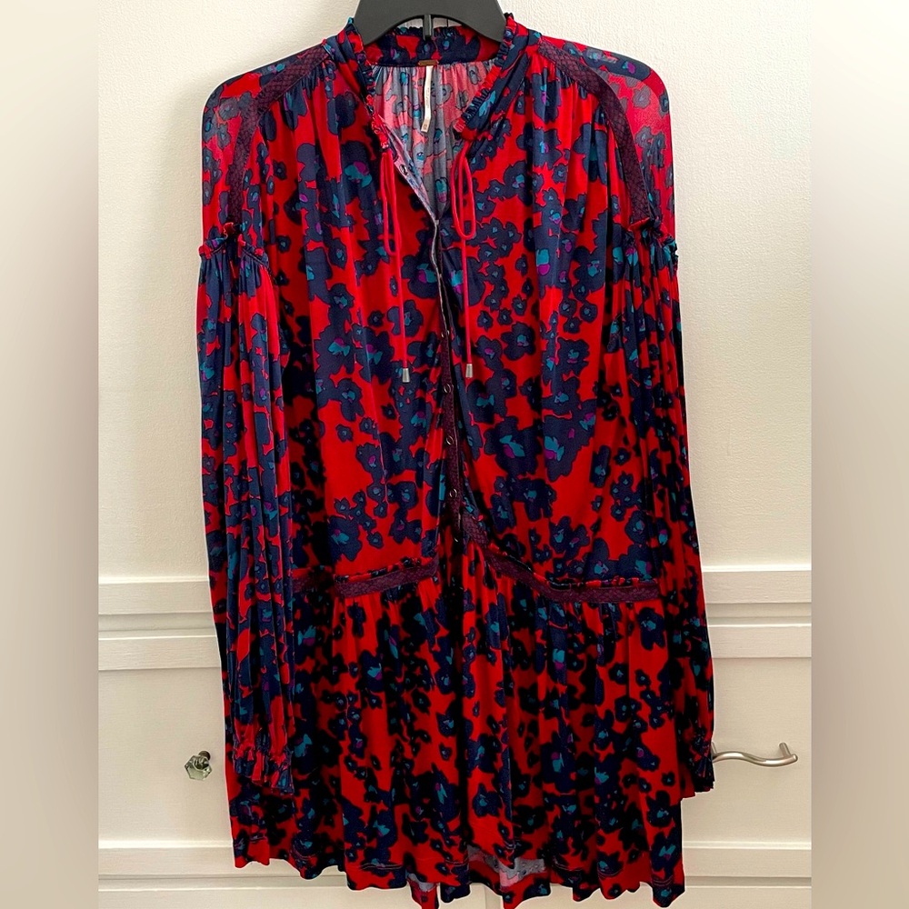 Free People Red Floral Long Sleeve Oversized Mini Dress Size XS Excellent Shape